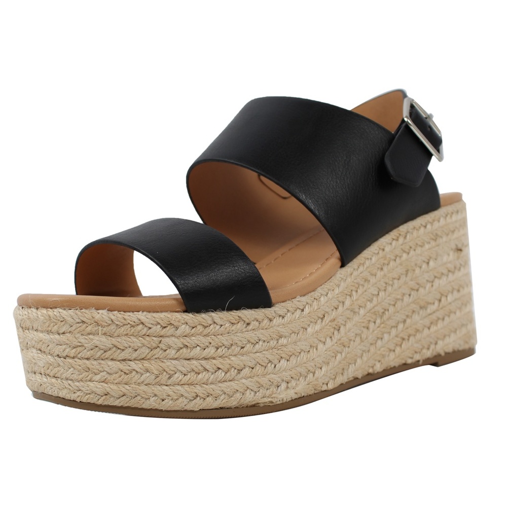 Black Open Toe Faux Leather Espadrille Platform We - Picture 2 of 5